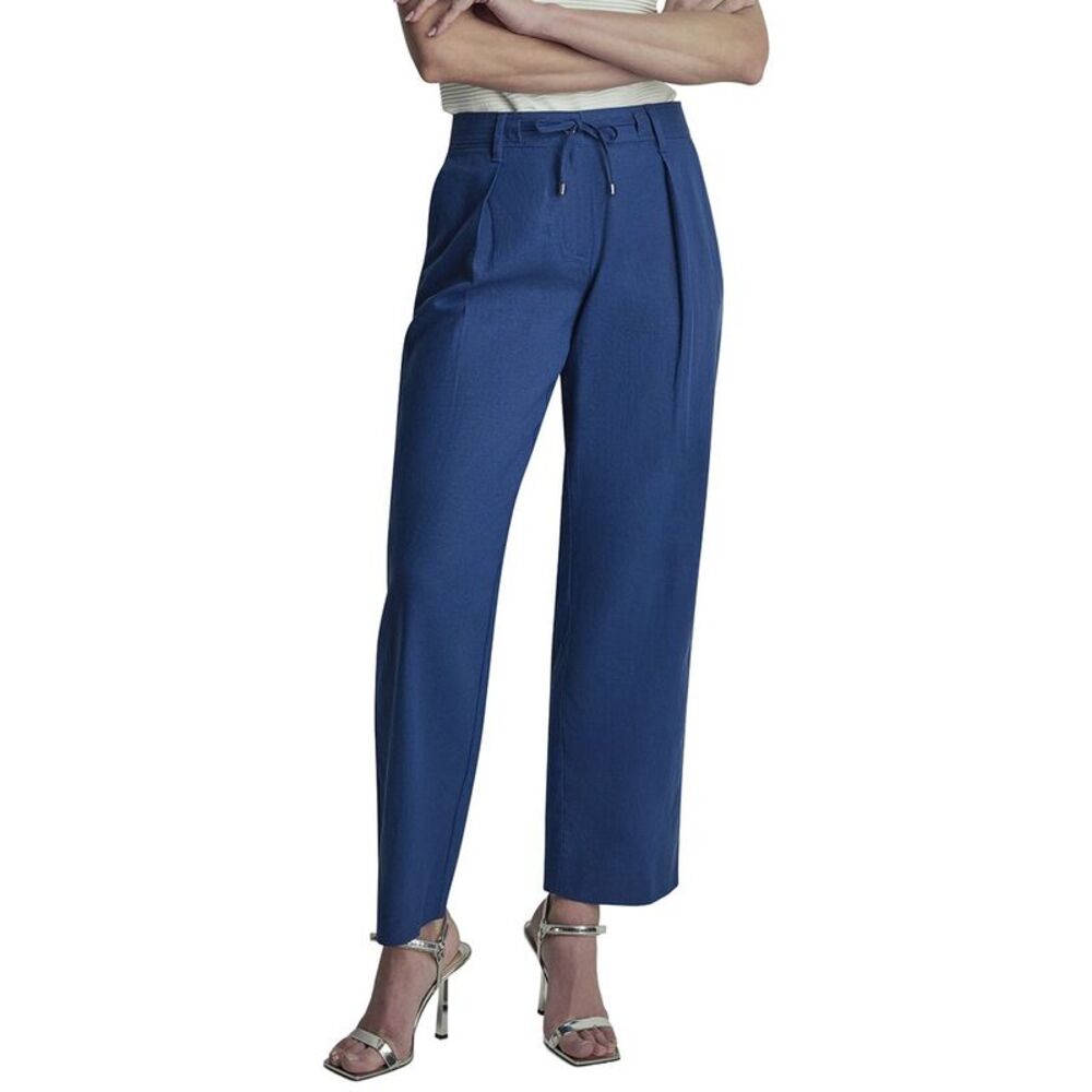 Dkny Womens  Stripe Pleated Wide Leg Linen-Blend Pant, Blue